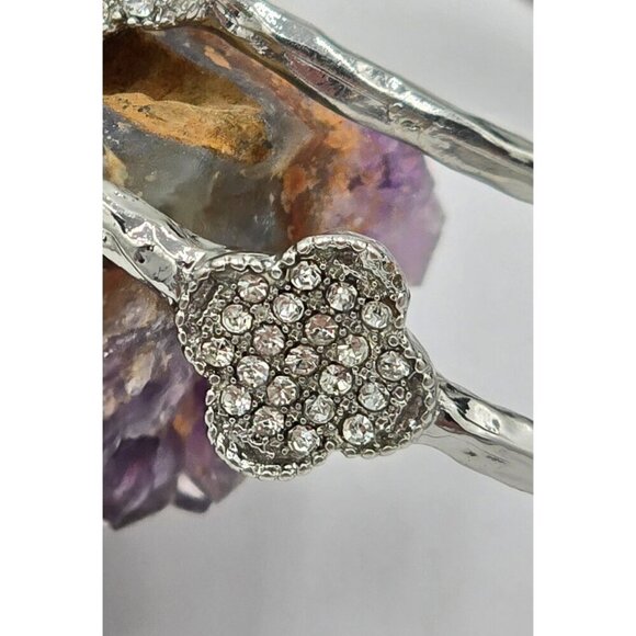 Silver Tone Crystal Rhinestone Clover Bangle Bracelets Set Of 2 Costume Jewelry - Picture 6 of 7